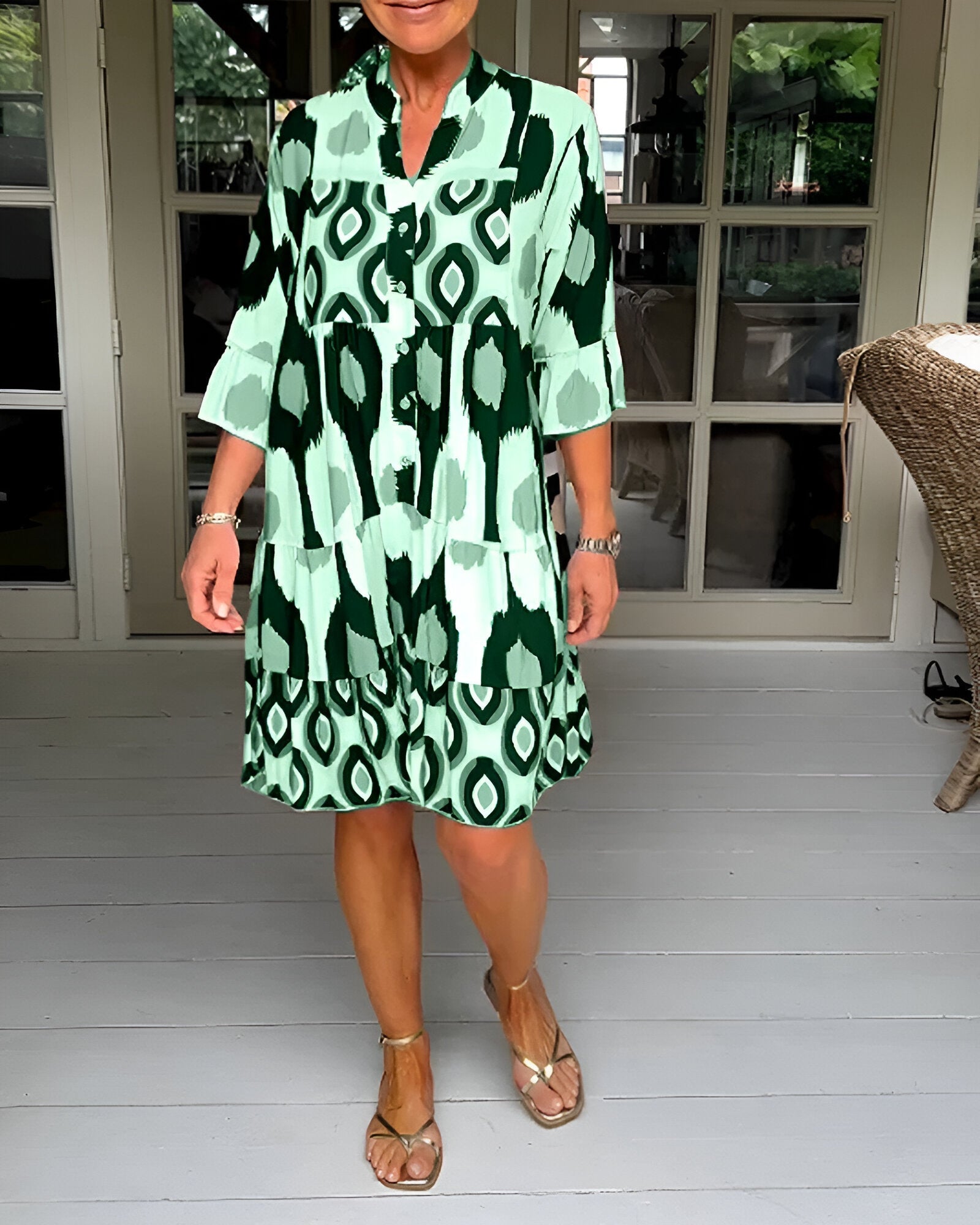 Floral Midi Dress — Women's 3/4 Sleeve A-Line Dress
